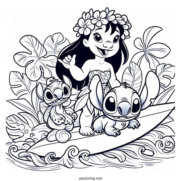 Lilo, Stitch, and Nani Pelekai Riding a Surfboard