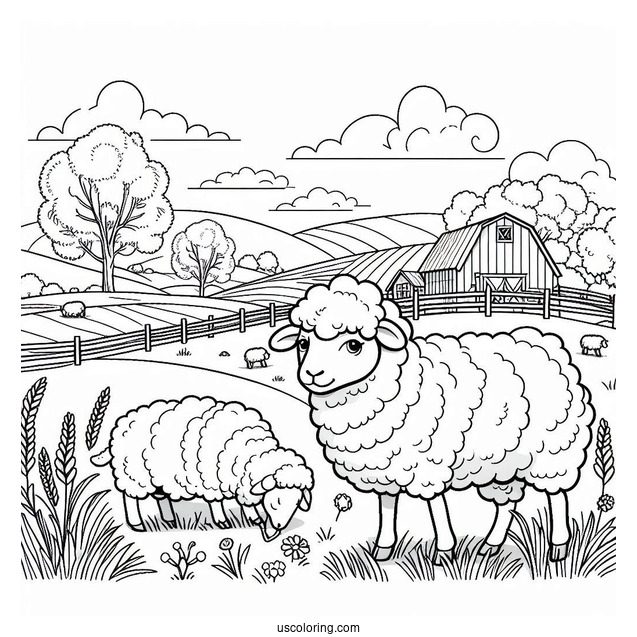 Sheep Grazing On A Farm Coloring Page