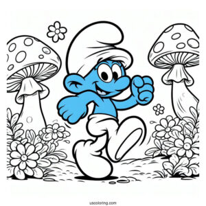 Smurf Running To Mushroom House Coloring Sheet