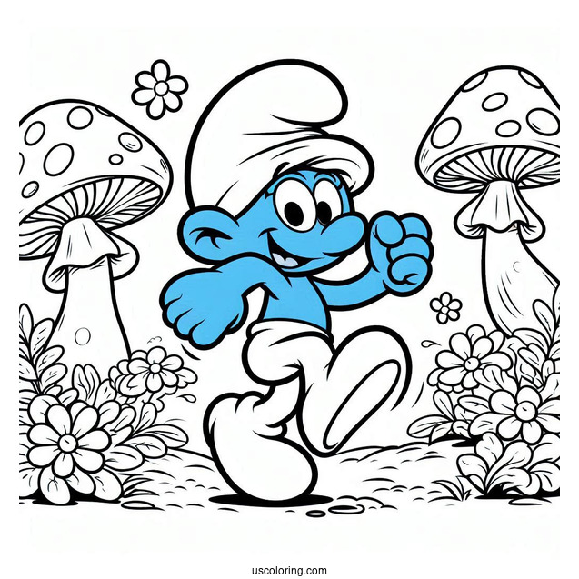 Smurf Running To Mushroom House Coloring Sheet