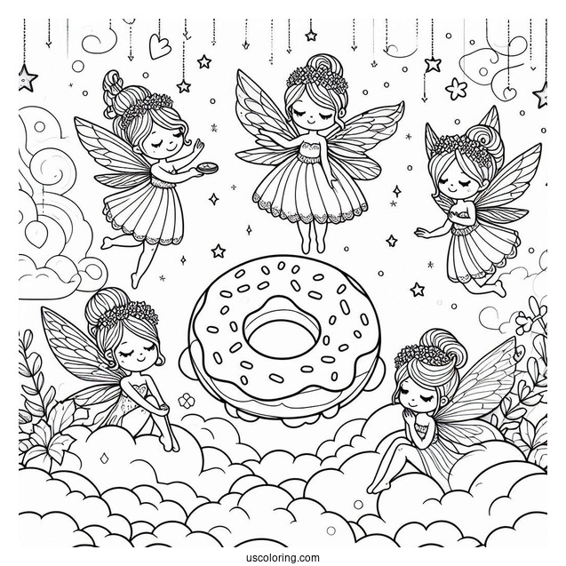 Fairies Surrounding A Donut Coloring Page In The Clouds