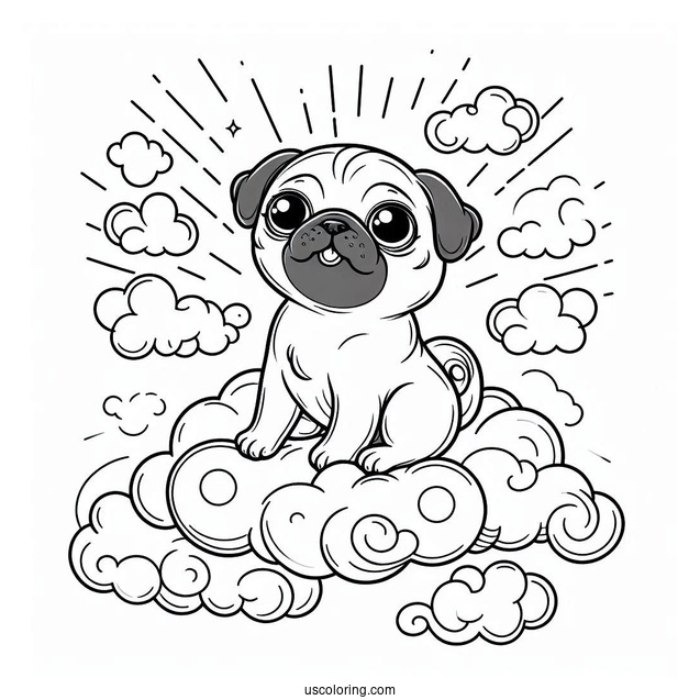 Lovable Pug Coloring Page Puppy Floating in the Clouds