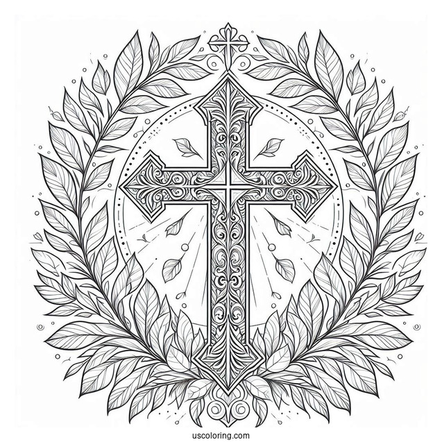 Fantasy Cross Coloring Page Framed With Lovely Leaves