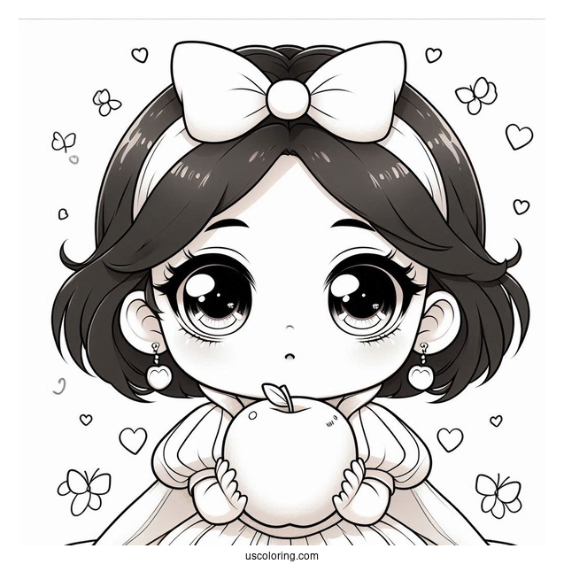 Adorable Chibi Snow White Coloring Pages Staring At An Apple For Preschoolers