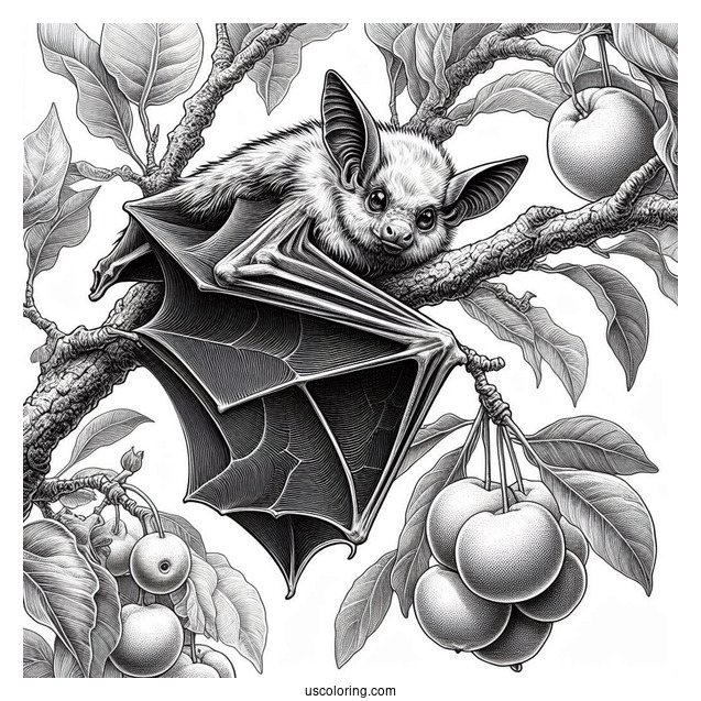 Close Up Of Realistic Bat Coloring Page Roosting On Fruit Tree