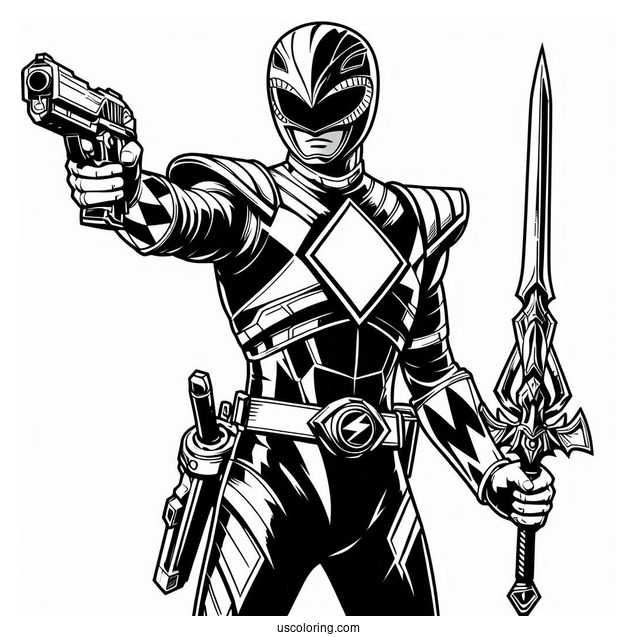Power Ranger Holding Gun And Sword Coloring Sheet