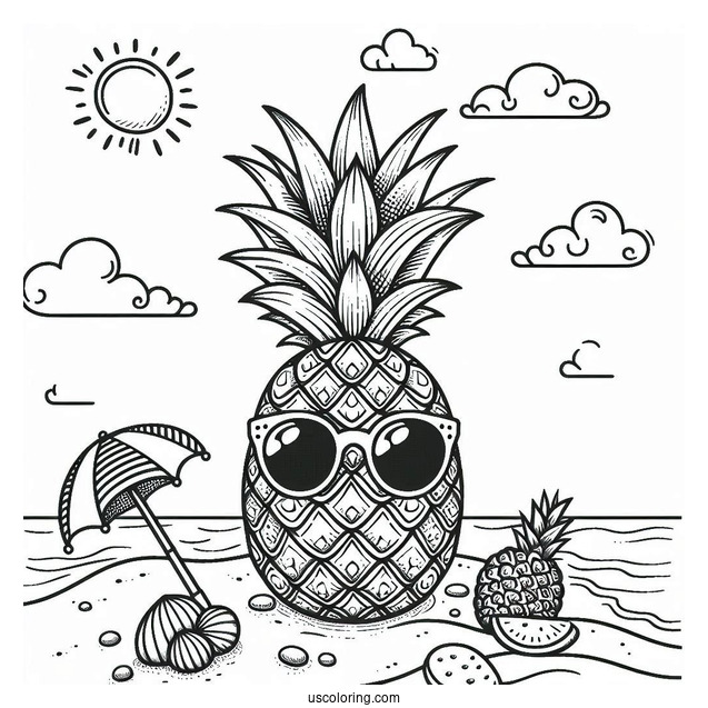 Pineapple Wearing Sunglasses On Beach Coloring Page