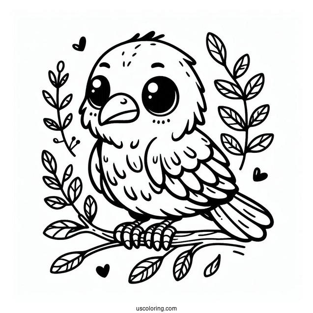 Baby Raven Coloring Page With Leaves For Kids