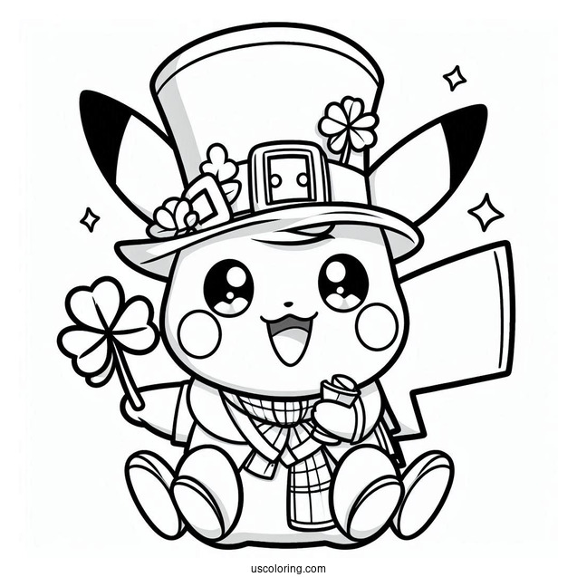 St. Patrick's Day Coloring Page Of Adorable Pikachu Dressed As A Leprechaun For Kids