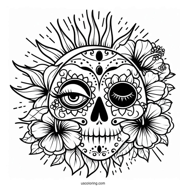 Sun And Hibiscus Patterns On Sugar Skull Eyes Coloring Page