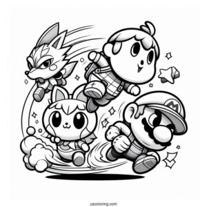 Super Smash Bros Coloring Page Of Animal Crossing Villager Leaping Over Mario And Star Fox
