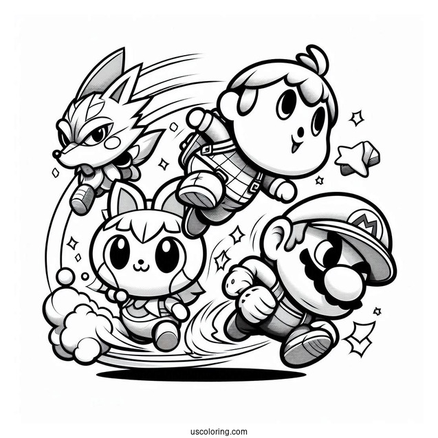 Super Smash Bros Coloring Page Of Animal Crossing Villager Leaping Over Mario And Star Fox