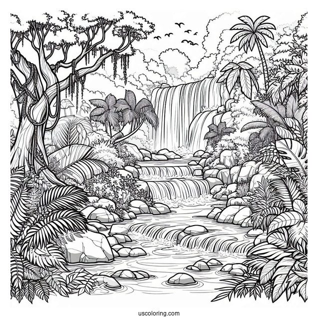 Detailed Jungle Coloring Page Of Waterfall