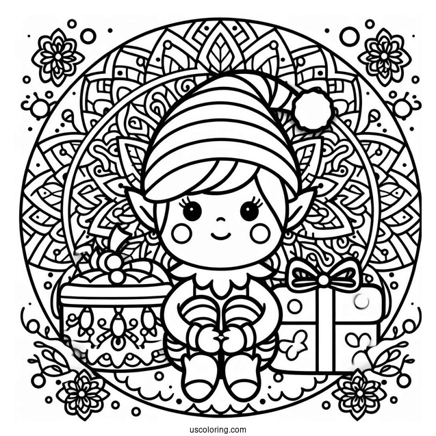 Cute Elf Sitting Inside A Christmas Mandala Coloring Page