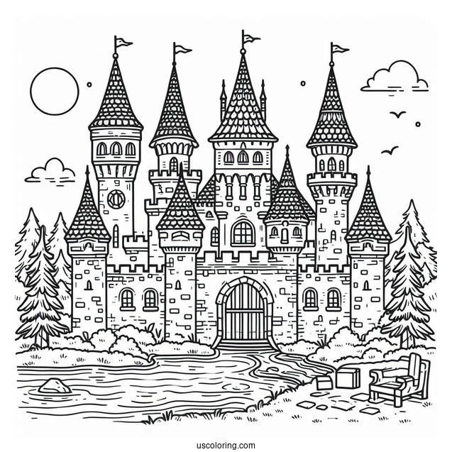 Medieval Castle Coloring Page With Moat