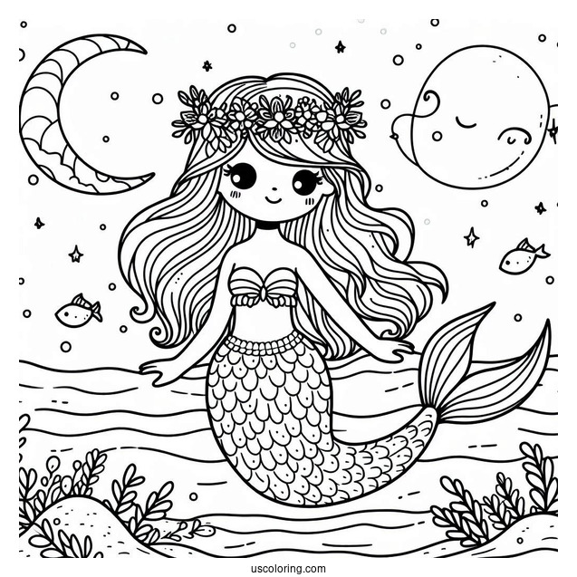 Cute Coloring Page Mermaid Swimming In The Night Sky