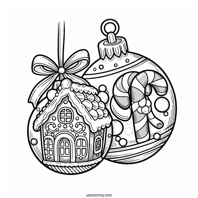 Gingerbread House And Candy Canes Inside Bauble Christmas Ornaments Coloring Page