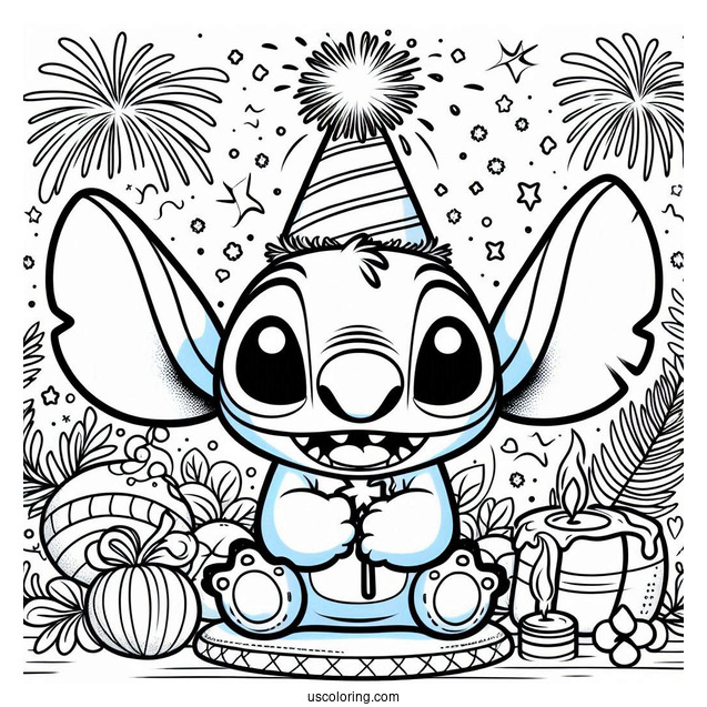 New Year Coloring Page Of Smiling Stitch With A Party Hat And A Sparkler