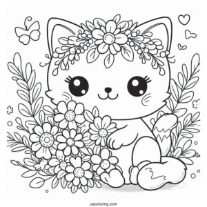 Cartoon Cat With Flowers Coloring In For Preschoolers