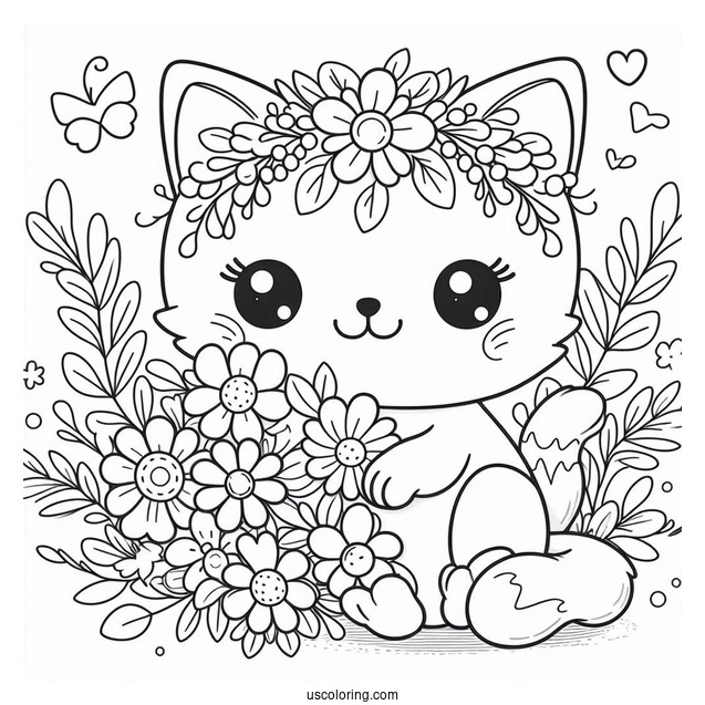 Cartoon Cat With Flowers Coloring In For Preschoolers