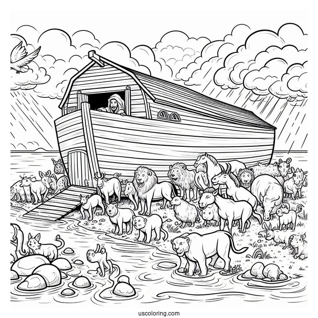 Noah's Ark Coloring Page Leading Animals Into The Ark