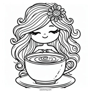 Coffee Coloring Pages Of Cartoon Woman On The Rim Of Coffee Cup