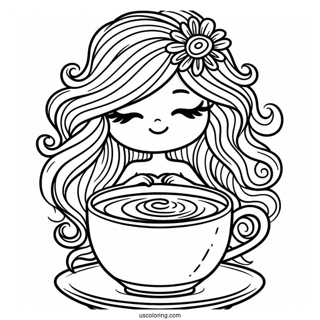 Coffee Coloring Pages Of Cartoon Woman On The Rim Of Coffee Cup