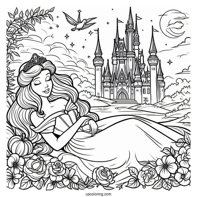 Coloring Page Of Sleeping Beauty With Castle In Background