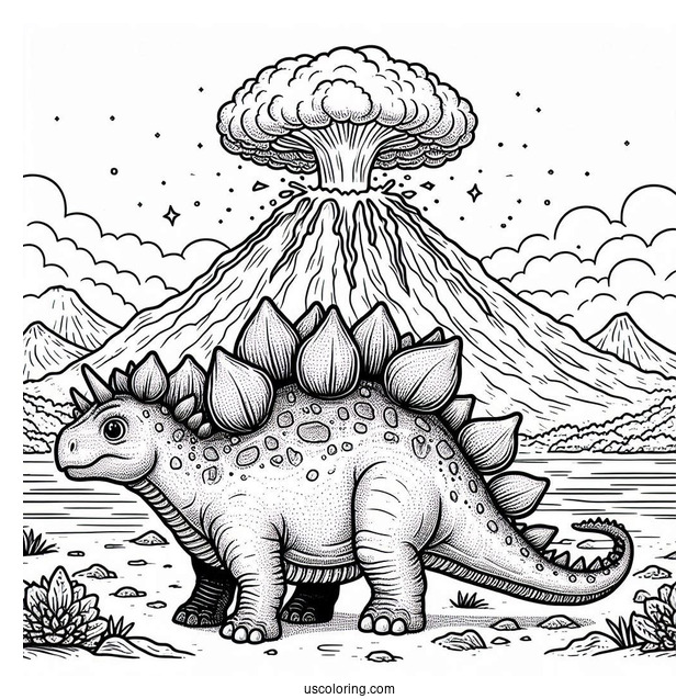 Stegosaurus Coloring Page In Front Of Erupting Volcano