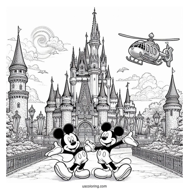 Realistic Disney World Castle Coloring Page With Walt Disney And Mickey Mouse