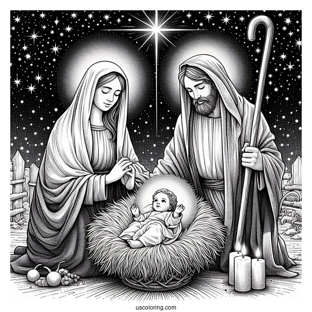 Nativity Coloring Page Of Realistic Mary, Joseph, And Baby Jesus With Starry Background