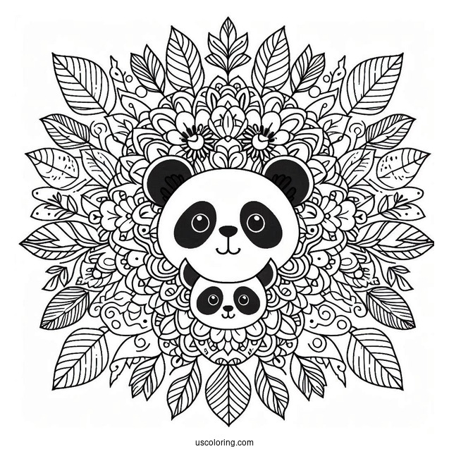 Floral Mandala with Panda Coloring Page Faces and Leaf Border Design For Adults