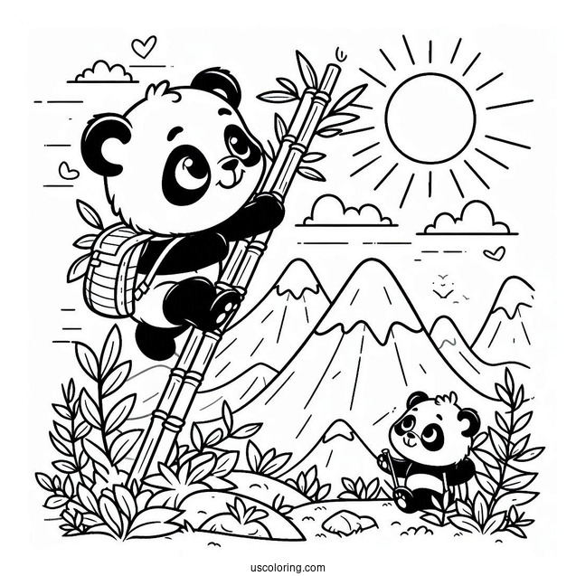 Explorer Panda Coloring Page Climbing Bamboo in the Mountains