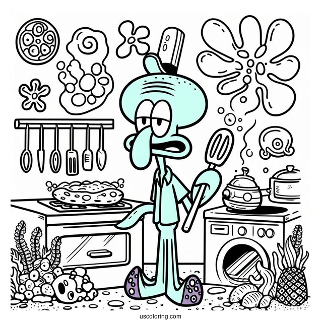 Squidward Coloring Page In The Krusty Krab Kitchen