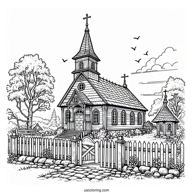Old Church Coloring Page With A Fence