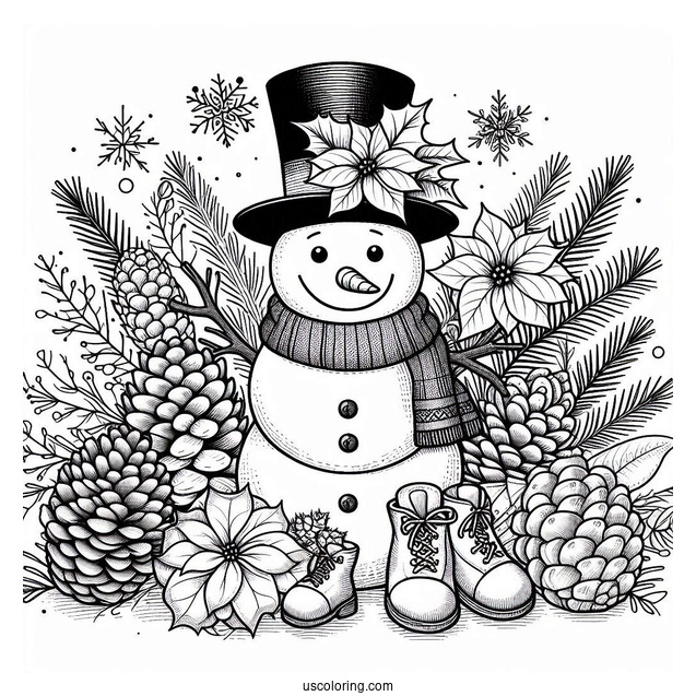 Christmas Coloring Pages For Adults Of Snowman With Top Hat Standing On Pinecones And Poinsettias