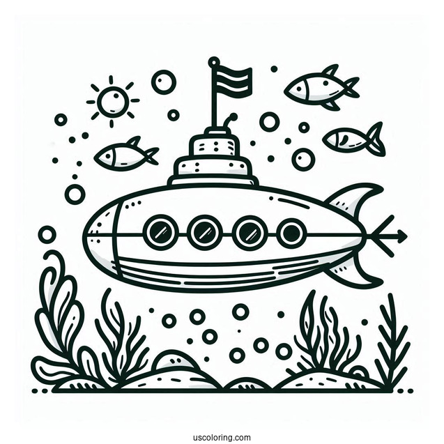 Easy Submarine Coloring Page Outline For Kids