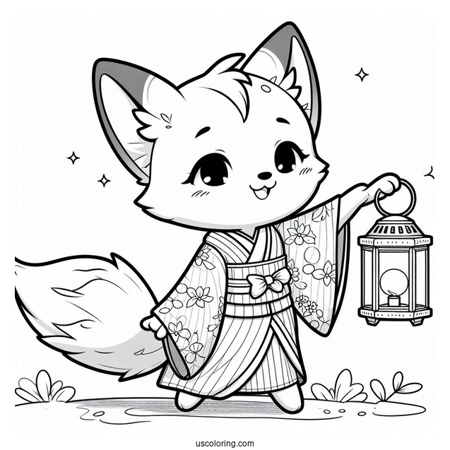 Adorable Chibi Fox Coloring Page In A Kimono Holding A Lantern For Kids