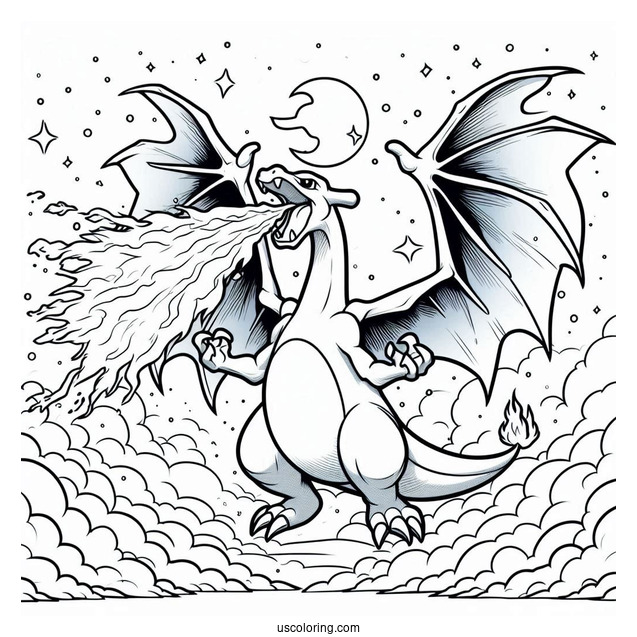 Coloring Page Of Charizard Breathing Fire In The Sky