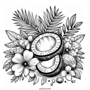 Open Coconut Coloring Page With Leaves And Flowers