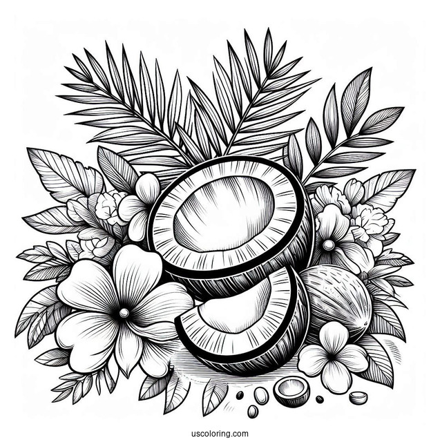 Open Coconut Coloring Page With Leaves And Flowers