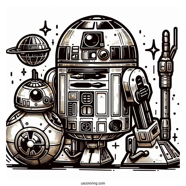 Chibi C3PO With R2 D2 Coloring Page For Preschoolers