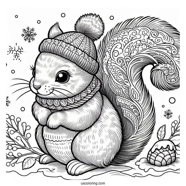Adult Squirrel Coloring Page Wearing Scar In Winter