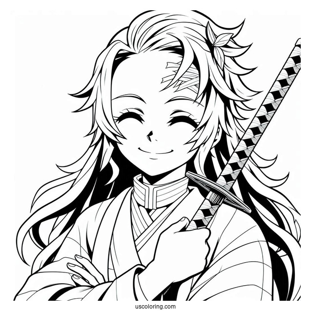 Smiling Tanjiro Coloring Page Holding Nichirin Sword Behind Him