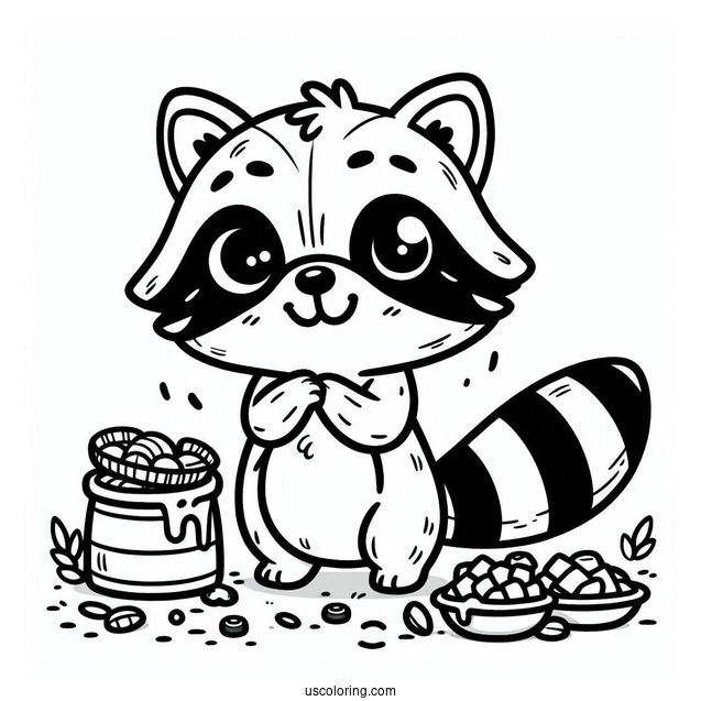 Happy Raccoon Coloring Page With Leftover Food