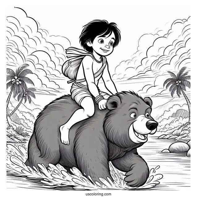 Jungle Book Coloring Page Of Mowgli Riding On Baloo s Back For Kids