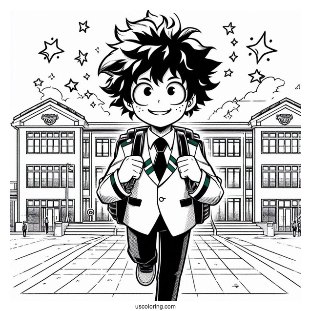 Deku Coloring Page In Front Of UA High School