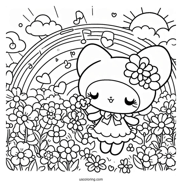 My Melody Coloring Page In Flower Field With Kuromi