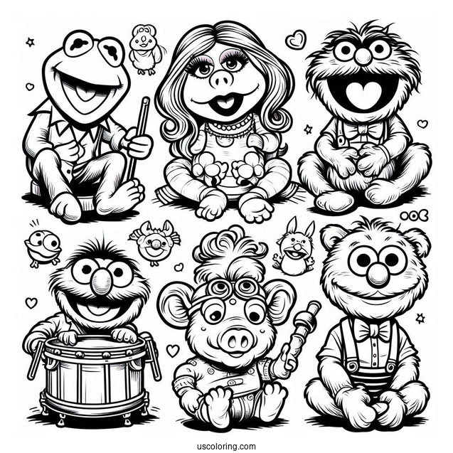 Muppets Coloring Page Of Babies Kermit, Miss Piggy, Fozzie, Gonzo, Animal, Rowlf, And Beaker
