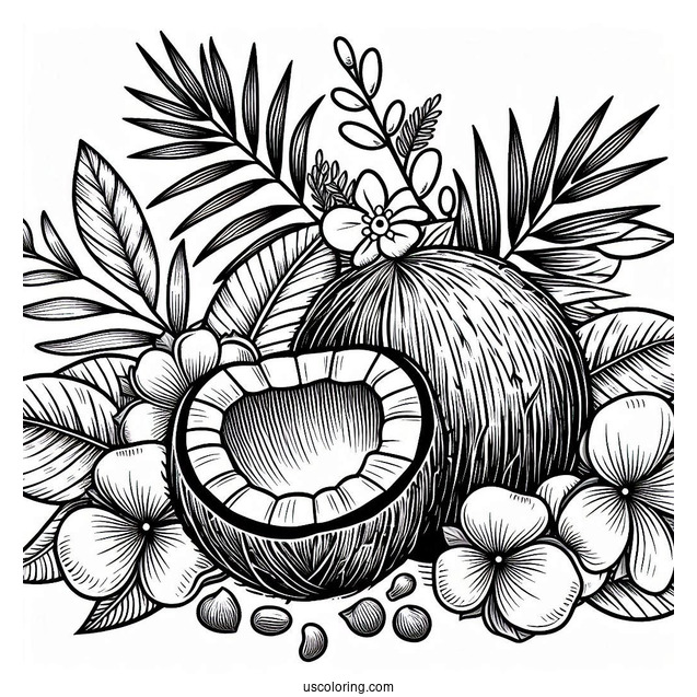 Open Coconut Coloring Page With Leaves And Flowers